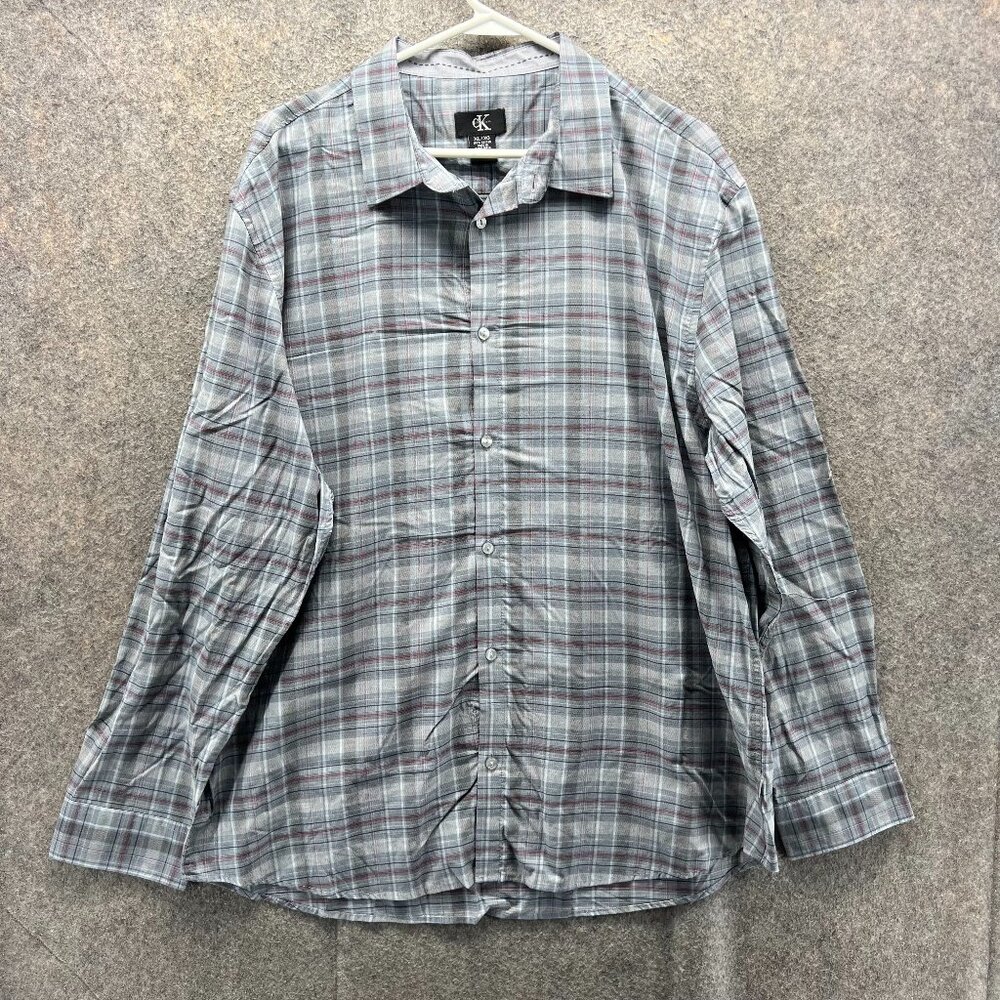 Calvin Klein Shirt Mens XL Button Down Preppy Dress Plaid Cotton Grey Red